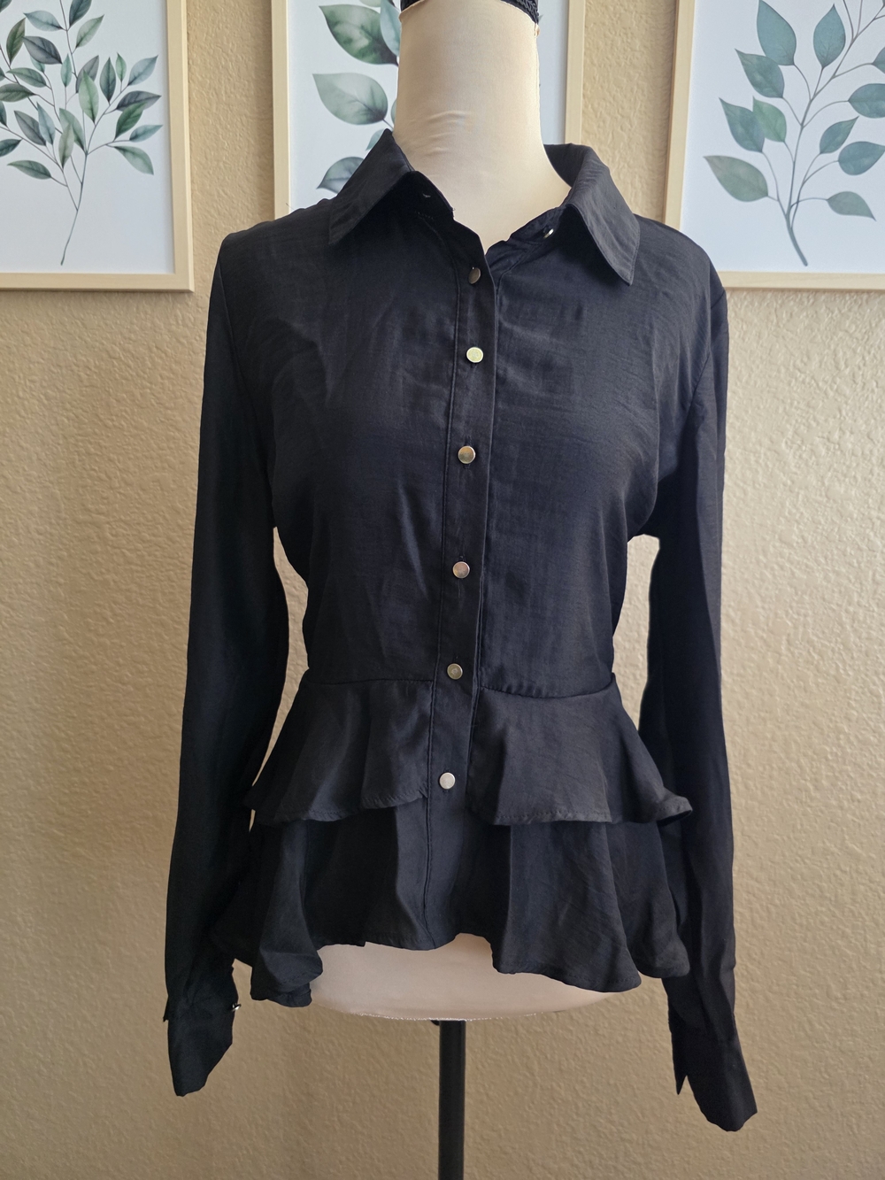 Story On Black Long-Sleeve Button-Down Blouse Asymmetrical Peplum Layer Ruffle